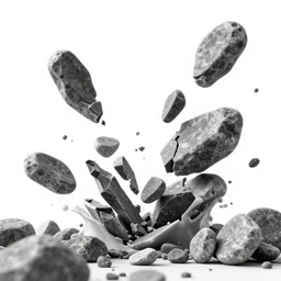 highly detailed beautiful black and white broken stones in the air, rock chips, different sizes, dynamic composition, artstation, splash, sharp focus, dynamic lighting, elegant, epic, beauty, masterpiece, by riccardo federici, by james jean, illustration, white background, ink draw, paint, pen