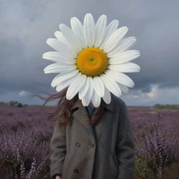 portrait, enormous daisy flower head, girl wearing coat in heather field, surreal photography, wind and cold, dramatic sky, impressionist painting, digital painting, artstation, simon stalenhag