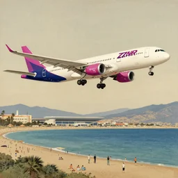an ancient chinese painting of a wizzair airbus a 3 2 1 neo landing at skiathos airport, low over the heads of the people on the beach