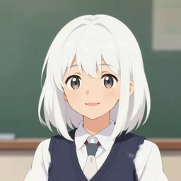 a headshot of a happy cute girl with shoulder - length white short hair wearing school uniform, sharp focus, illustration, morandi color scheme, art station, by ilya kuvshinov