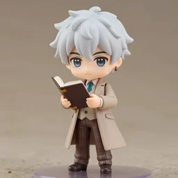 nendoroid aziraphale from good omens, holding a book, good omens tv series, white curly short hair, beige suit, long coat, brown tartan pants, michael sheen