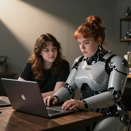 an ai and a thicc tomboy cyborg discussing about classifier thresholds with their respective laptops