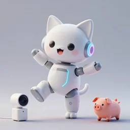 product photo of a futuristic happy surprised robot pet, asymmetric minimalistic cute, by artgerm and greg rutkowski and marc newson and zaha hadid, alphonse mucha, samsung apple webcam, matte glossy materials, flowing dancing pose. neon, kitten puppy pig. three quarter view, volumetric light, detailed, octane render, midsommar