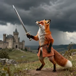 anthropomorphic fox!! who is a medieval knight holding a swo - rd tow - ards a stormy thundercloud [ 1 9 3 0 s film still ], ( castle in the background )