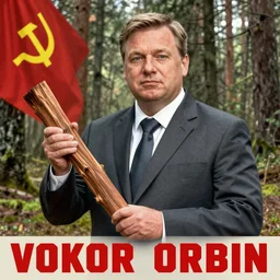 soviet propaganda poster of threatening viktor orban, holding a wood piece, forest in background