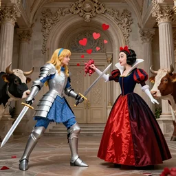 Alice in wonderland with blue and white armor, holding two swords, facing off against the red queen, epic battle, sucker punch, falling hearts, in cattle with beautiful rococo architecture