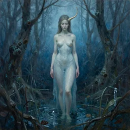 rusalka of the blighted swamp, by brian froud, cold colors, oil on canvas