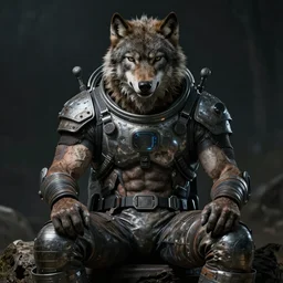 Portrait of a rugged werewolf sitting down, male, muscular, space clothing!!!!!, highly detailed, cinematic lighting, digital art
