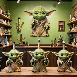 3 5 mm photo of yoda themed bong and vape shop interior with lots of yoda smoking bongs art in shop.