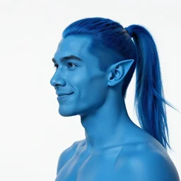 photo of a blue man looking sideways with [ [ blue ] ] [ skin ] and elegant smiling chiseled jaw, elf ears, a singular long blue segmented ponytail flowing with the wind, hair is cropped on the sides of the ears, [ white ] [ background ], 8 k, 8 5 mm f 1. 8