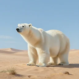 polar bear in the desert, painting by Craig Mullins, octane rendering, soft morning lighting, wide angle lens, in the style of Hayao Miyazaki, trending on artstation,