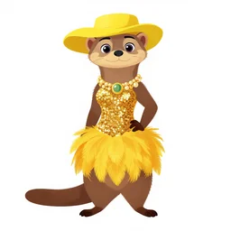 detailed flat 2 d : female marten character : wearing jewelry : wearing a showgirl sequins feathers dress : wearing yellow hat : head torso legs feet : lorax movie : artstation