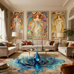 a beautiful living room surounded a hiper detailed inkdrop in water, intricate detailed color oilpaint, 3 d render, hyper realistic intricate acrilic fluid art, elegant, intense colors, ruan jia, wlop. scifi, fantasy, insanely detailed, wide shot, octane render, concept art, by peter mohrbacher, by alphonse mucha, by wlop, by ru