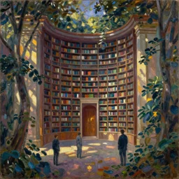 detailed artistic layout, theme of the sacred library, style of karel thole and claude monet, oil on canvas, style of expressive, powerful, inherent, natural