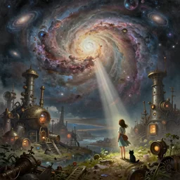 a beautiful landscape painting of steampunk landscape, a junk nebula in the sky, galaxies visible, industrial scenery, a tiny girl looking on with her talking cat, by jean - honore fragonard and don bluth and makoto shinkai, light rays, trending on artstation, octane render