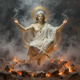 the delphi oracle, floating above a pit, ringed by hot stones. close shot. meditative expression. lots of fog and vapor. fantasy painting by frazetta.