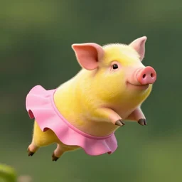 a yellow pig flying while wearing a pink skirt