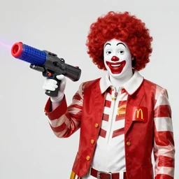 portrait photo still of mcdonald's hamburglar holding a laser blaster, wearing a ronald mcdonald afro, in front of an old vintage fast food restaurant on fire at night, 8 k, 8 5 mm f 1. 8