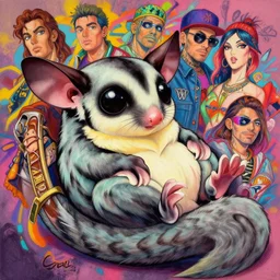beautiful anime painting of a hiphop sugar glider chilling, by sherree valentine daines, peter mohrbacher, alice neel, donato giancola, mike winkelmann, laurie greasley. trending on artstation, 8 k, masterpiece, graffiti, fine detail, full of color, intricate detail, golden ratio illustration