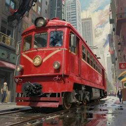 red tram. old locomotive. very low angle. very detailed painting by ghibli studios, futuristic. dreamlike. weird. horrific. wet asphalt. city street at 1 9 5 0 s. low angle. old photo. atmospheric. skyscrapers. vivid colours, mysterious. epic scene. 4 k. hyper detailed.