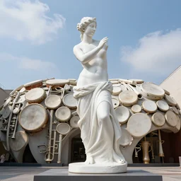an art museum whose architecture is inspired by drum and flute instrument pieces, white porcelain full body sculpture of aphrodite touching the sky raytracing ar 1 6 : 9