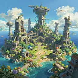 arcology ruins on a colorful ocean, unreal engine, fantasy art by greg, loish, rhads, ferdinand knab, makoto shinkai and lois van baarle, ilya kuvshinov, rossdraws, tom bagshaw, global illumination, radiant light, detailed and intricate environment ， trending onstudio ghibli ， highly detailed, octane render, 8 k