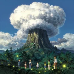 highly detailed illustration of a an old giant forest with fireflies at night and lots of high exposure cummulonimbus clouds by makoto shinkai, by oliver vernon, by joseph moncada, by damon soule, by manabu ikeda, by kyle hotz, by dan mumford, by otomo, 4 k resolution