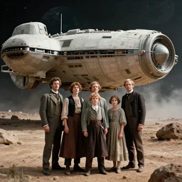 sharp,highly detailed, 435456k film, 1612800mm film still from a sci fi blockbuster color movie made in 2019, set in 1860, of a family standing in front of a spaceship that has just landed on an alien planet, the family are all wearing 1860s era clothes, good lighting, good photography, ultra high definition, in focus, 35mm macro lens