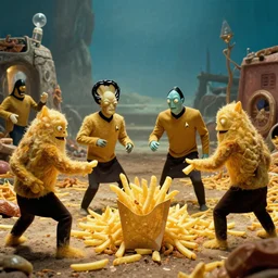 Monsters made of French Fries, fighting Star Trek Engineers in the mess, film still from the movie directed by Denis Villeneuve with art direction by Salvador Dalí,