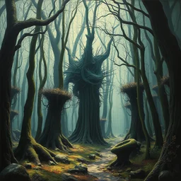biomechanical forest, concept art, intricate detail, volumetric shadows and lighting, realistic oil painting by zdzisław beksinski