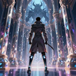 A modern comic book cover of an character wearing a trench coat and high tech glowing boots, with back to the camera, inside a crystal palace, elaborate ornate mysterious, dark shadow creature looming in the distance, artstation, dramatic lighting, stylized, vibrant