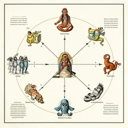 un espiritual diagrama cosmogonico del pueblo aborigen selk ´ nam y los alienigenas ancestrales, grabado por norman rockwell y goya, diseno limpio de facil lectura