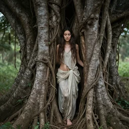 a beautiful goddess portrait emerging from the bark of an ancient tree, vines and cracked wood