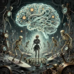 lost in wonderland with skeletons surfing on hypercomplex brainwaves, a grand scale dystopic event of clockwork phantasmagoria by lisa frank and beksinski and mike deodato