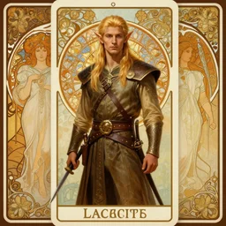 centered portrait, male D&D Elf Ranger, blonde hair, Art Nouveau, tarot card background, retro Fantasy hero 1985, intricate, elegant, highly detailed, centered, digital painting, trending on artstation, concept art, smooth, sharp focus, illustration, art by raphael lacoste, eddie mendoza, Mucha, alex ross, WLOP