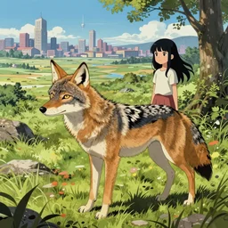 in a pastoral setting | a single coyote warns a single innocent black haired girl of quantum apocalyse | intricate | detail | animation cinematic | anime | matte sharp painting | city view in the distance | ultrafine science fiction art | hyperdetailed illustration, pop art