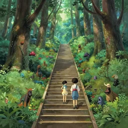 stairway to heaven, maximalist otherworldly forest animal, trending on pixiv fanbox, painted by makoto shinkai takashi takeuchi studio ghibli, akihiko yoshida, yoshitaka amano, wangechi mutu, clean cel shaded vector art, illustration, hd, 8 k
