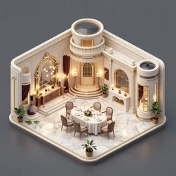 concept art for a video game, inside of a futuristic but classy mansion, dining table, isometric perspective