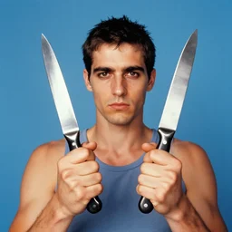 hands holding knives. surreal photograph, lo - fi, polished look, solid background, silly and serious, hermes ad, fashion photography, toiletpaper magazine by pierpaolo ferrari and maurizio cattelan, 3 5 mm photograph, colourful, david lachapelle, canon eos c 3 0 0, 8 k, medium - format print