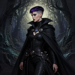 portrait dark witch, adventurer outfit large cloak, fantasy forest landscape, dragon scales, fantasy magic, undercut hairstyle, short purple black fade hair, dark light night, intricate, elegant, sharp focus, illustration, highly detailed, digital painting, concept art, matte, art by wlop and artgerm and greg rutkowski and alphonse mucha, masterpiece