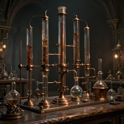 dark wizards laboratory, ancient midevil, many tubes connecting many beakers, bronze steril feeling, realistic cinematic lighting, establishing action shot, ultra detailed, hyper realism, photo, octane render