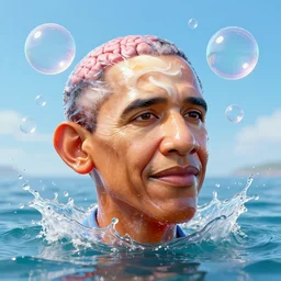 a funny sculpture of a obama squashed head made from juicy jelly wrapped in cling film with ice cream spread on it on ocean water, funny face, brain, giant bubbles, 3 d objects, realistic water splashes, water art, vibrant, in the style of mike campau, cg render, ray tracing, 8 k resolution, sharp