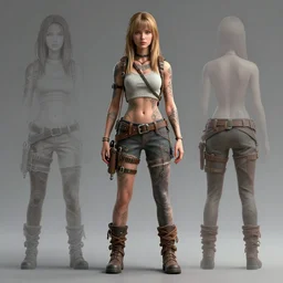 anne winters as a tattooed post apocalyptic wanderer, character sheet, concept design, contrast, hot toys, kim jung gi, greg rutkowski, zabrocki, karlkka, jayison devadas, trending on artstation, 8 k, ultra wide angle, pincushion lens effect