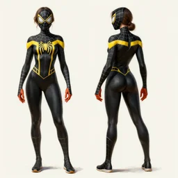 full body character turnaround of a woman in an orb weaver inspired outfit and mask, character sheet, spiderwoman!!!!!, john singer sargent, good value control, highly detailed portrait, digital painting, concept art, running shoes, sharp focus, illustration, 8 k, black undersuit, black main color with yellow secondary color, realistically proportioned body, realistically proportioned head