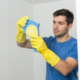 a cleaner man wiping glass and saying perfecto