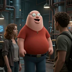 Beautiful peter griffin in cyberpunk industrial powerplant looking at homeless Sasha grey featured on artstation, cinematic chiaroscuro, photorealistic, unreal engine