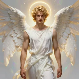 portrait of a beautiful young fit male angel with curly blond hairs, dressed with fluent clothes, majestic wings, luminous halo, by greg rutkowski and alphonse mucha, d & d character, gradient white to gold, in front of an iridescent background, highly detailed portrait, digital painting, artstation, concept art, smooth, sharp focus ilustration, artstation hq