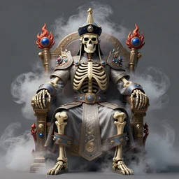 mongolian skeleton king sitting throne artstation, 8 k, detailed, fog, ornament fire red blue