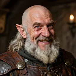 head and shoulders portrait in a tavern of a dwarf adventurer, jovial, scarred lip, grandfatherly, leather armor, male, high fantasy, d & d, face details, extremely detailed, esquire magazine photo