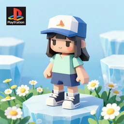 lowpoly ps 1 playstation 1 9 9 9 anthropomorphic lurantis girl in an ice floe standing in a field of daisies wearing converse shoes and a davey crockett hat, digital illustration by ruan jia on artstation